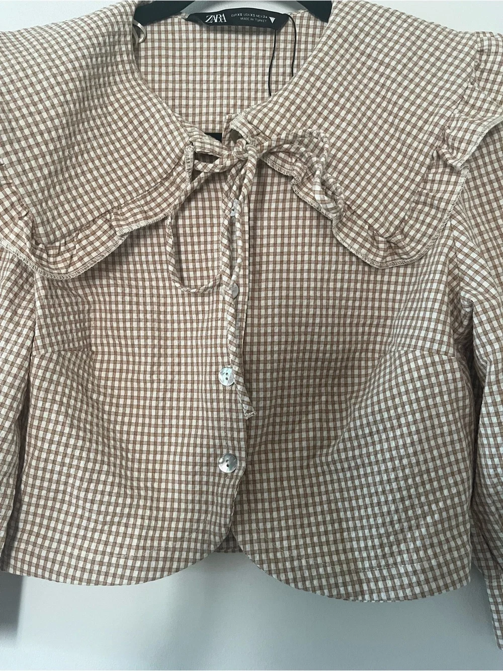 Zara Tan White Gingham Collared Puff Sleeve Top XS Cottagecore Western Farm